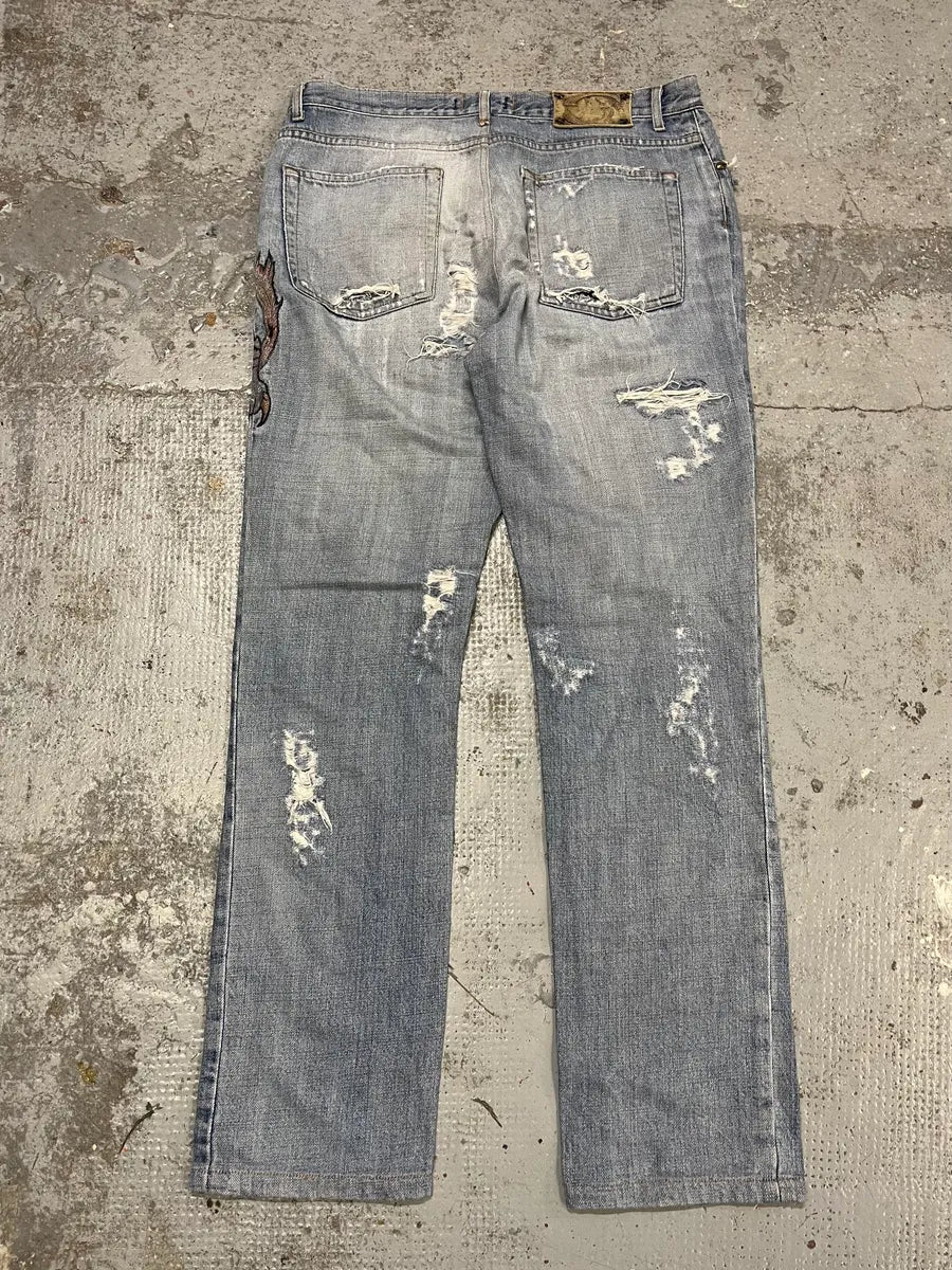 SS2007 Cavalli Blue Distressed Tiger Denim Jeans - Image 8