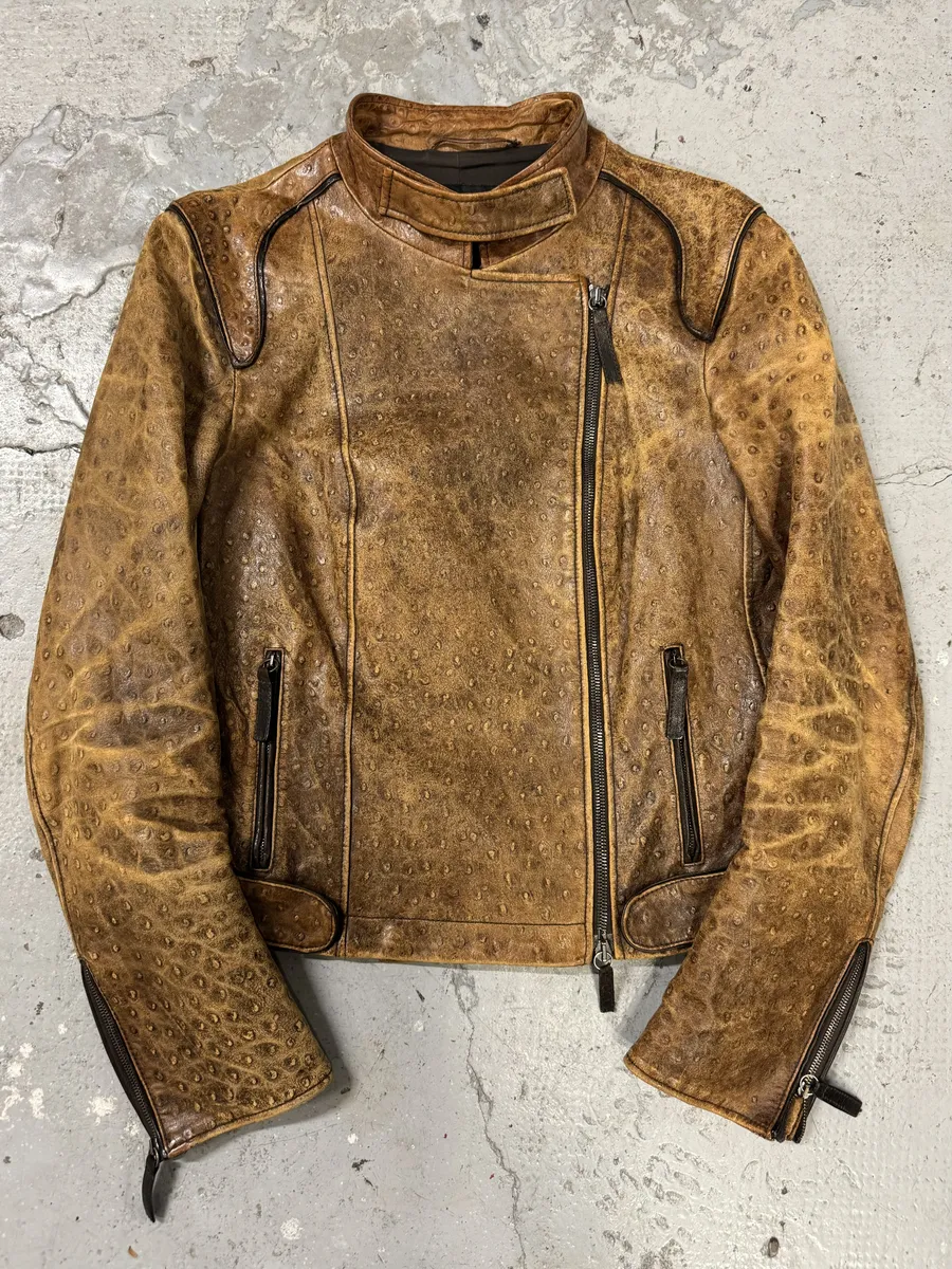 SS2007 Emporio Armani Asymmetrical Ostrich Embossed Leather Effect Camel Jacket - Image 2