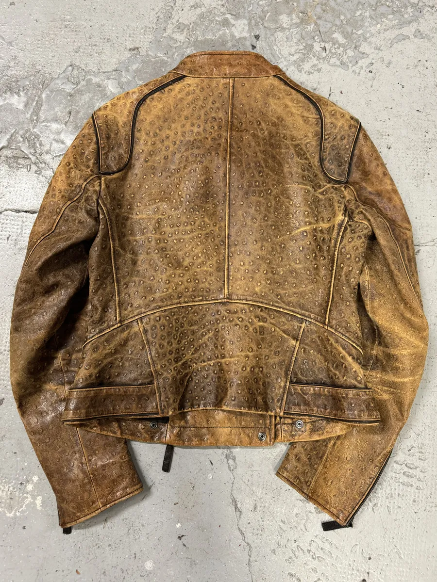 SS2007 Emporio Armani Asymmetrical Ostrich Embossed Leather Effect Camel Jacket - Image 3