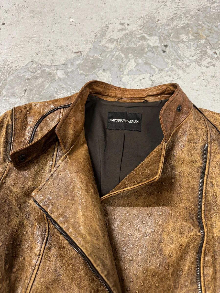 SS2007 Emporio Armani Asymmetrical Ostrich Embossed Leather Effect Camel Jacket - Image 5