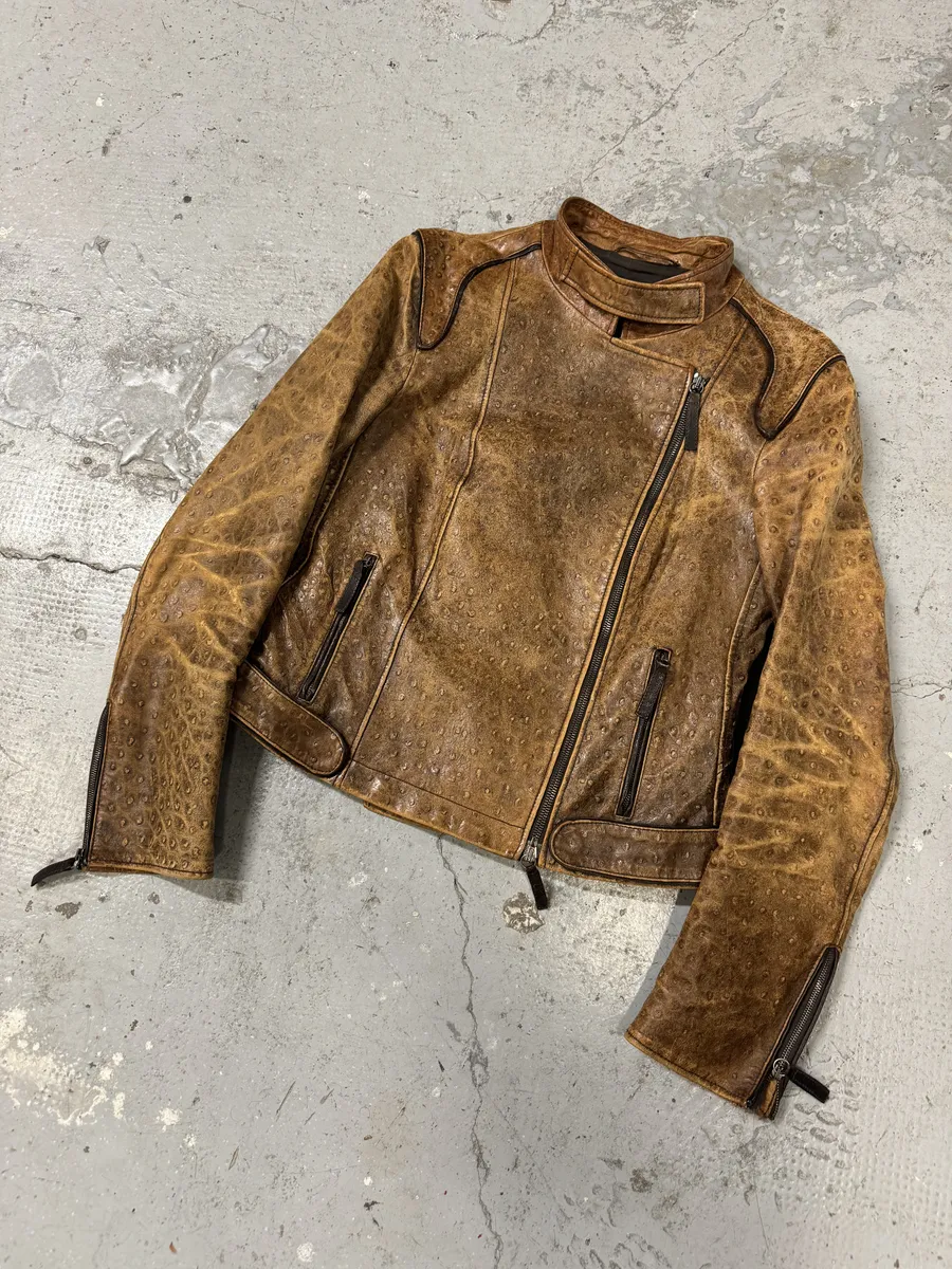 SS2007 Emporio Armani Asymmetrical Ostrich Embossed Leather Effect Camel Jacket - Image 6