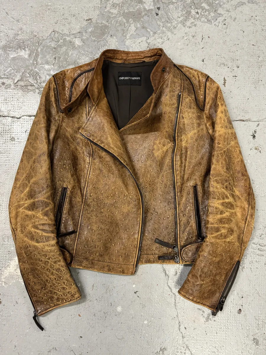 SS2007 Emporio Armani Asymmetrical Ostrich Embossed Leather Effect Camel Jacket - Image 7