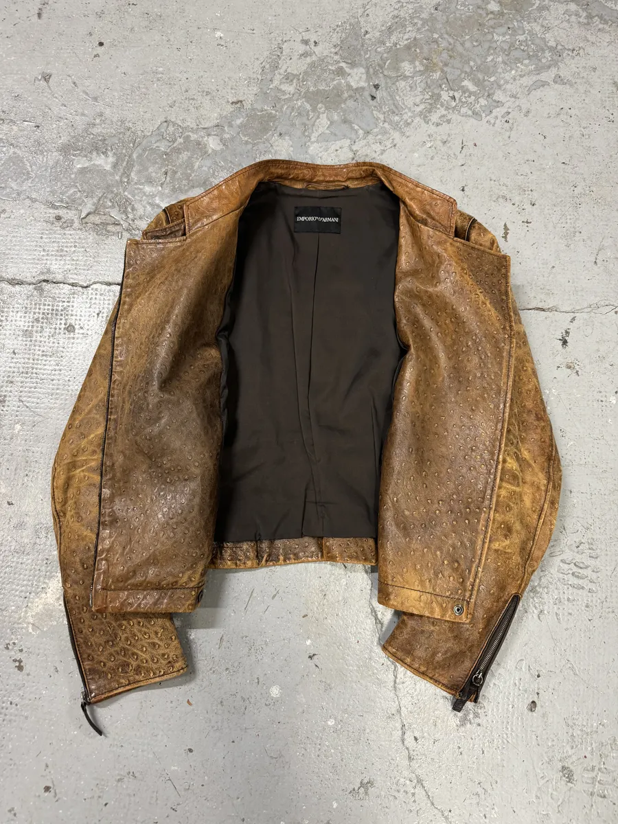 SS2007 Emporio Armani Asymmetrical Ostrich Embossed Leather Effect Camel Jacket - Image 8