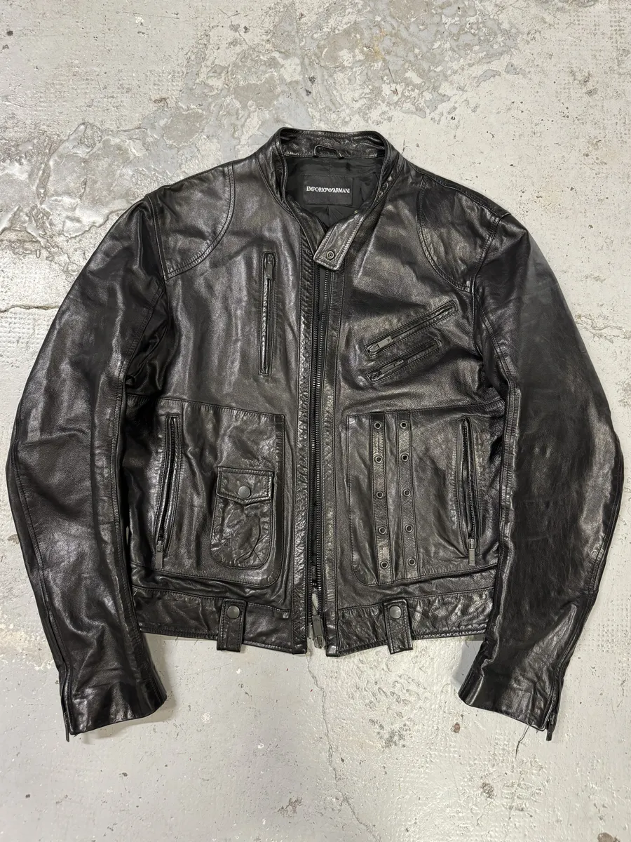 SS2007 Emporio Armani Black Utility Multi Zips Leather Jacket - Image 4