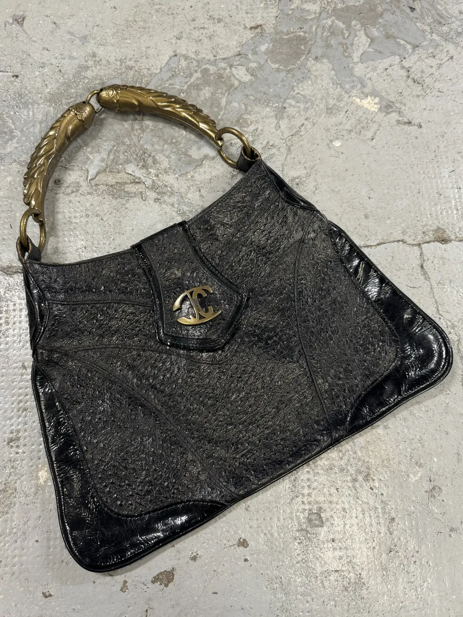 SS2008 Cavalli Black Gold Horn Ostrich Embossed Leather Handle Bag - Image 6
