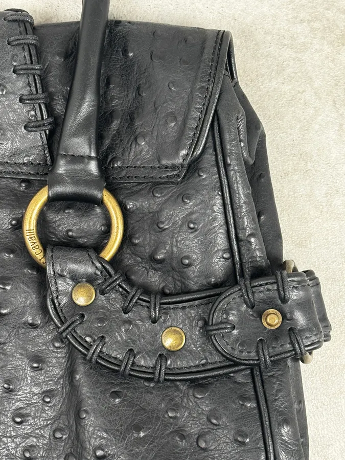 SS2008 Cavalli Black Ostrich Effect Leather Handle Bag - Image 9