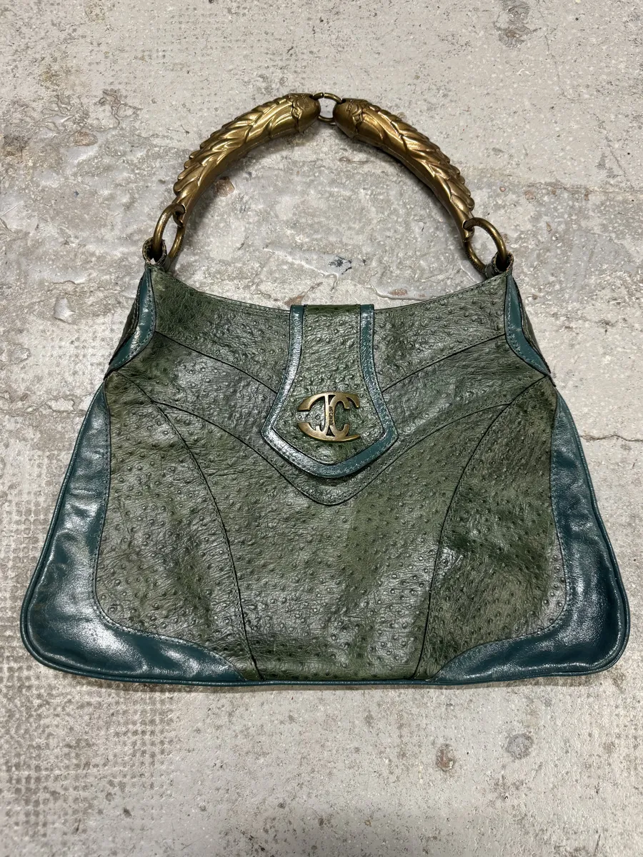 SS2008 Cavalli Ostrich Embossed Leather Green Horn Handle Bag