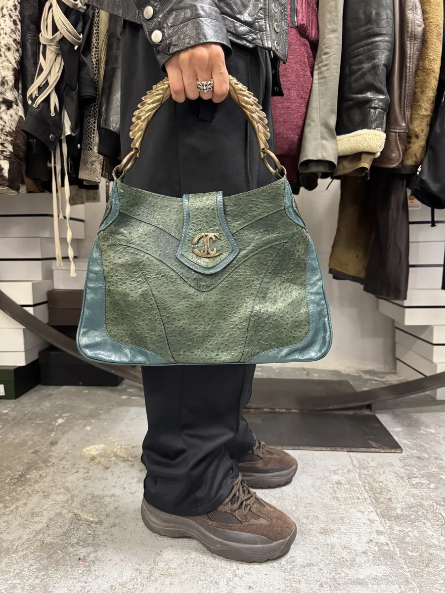 SS2008 Cavalli Ostrich Embossed Leather Green Horn Handle Bag - Image 2