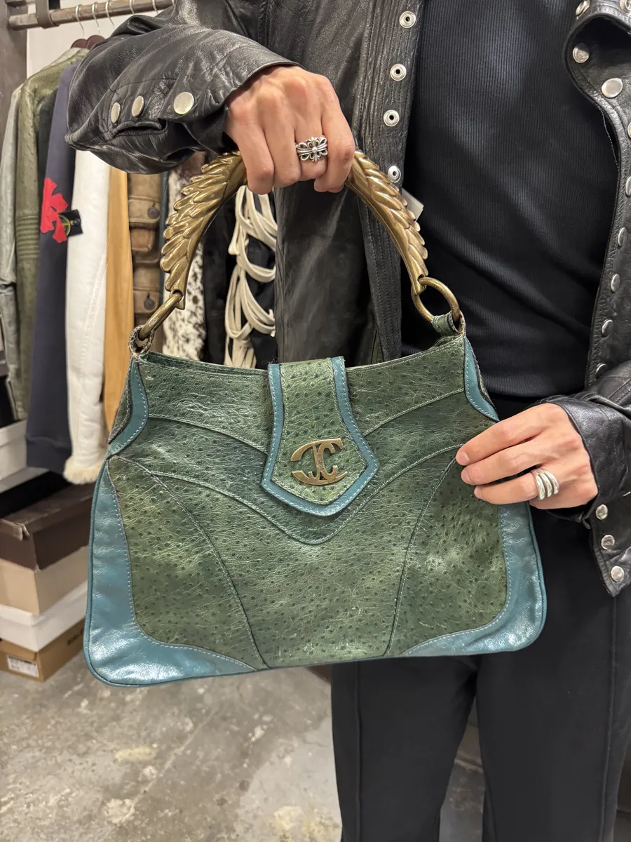 SS2008 Cavalli Ostrich Embossed Leather Green Horn Handle Bag - Image 3