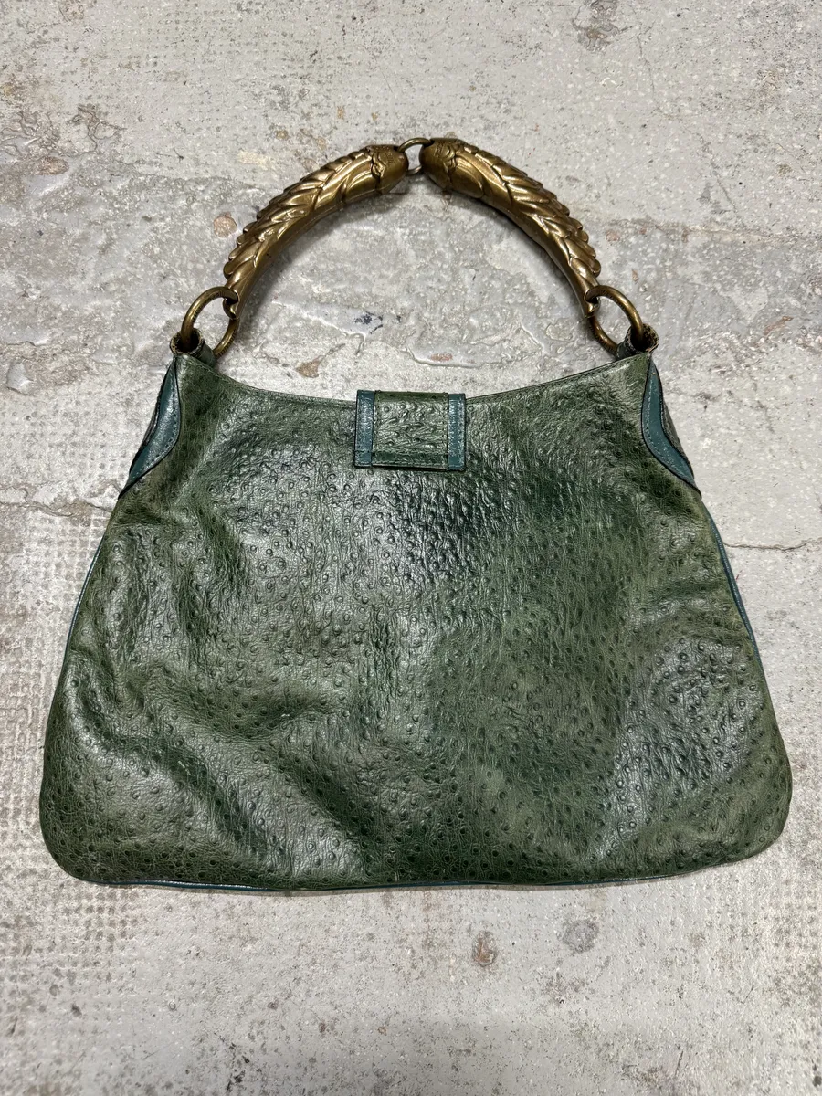 SS2008 Cavalli Ostrich Embossed Leather Green Horn Handle Bag - Image 4