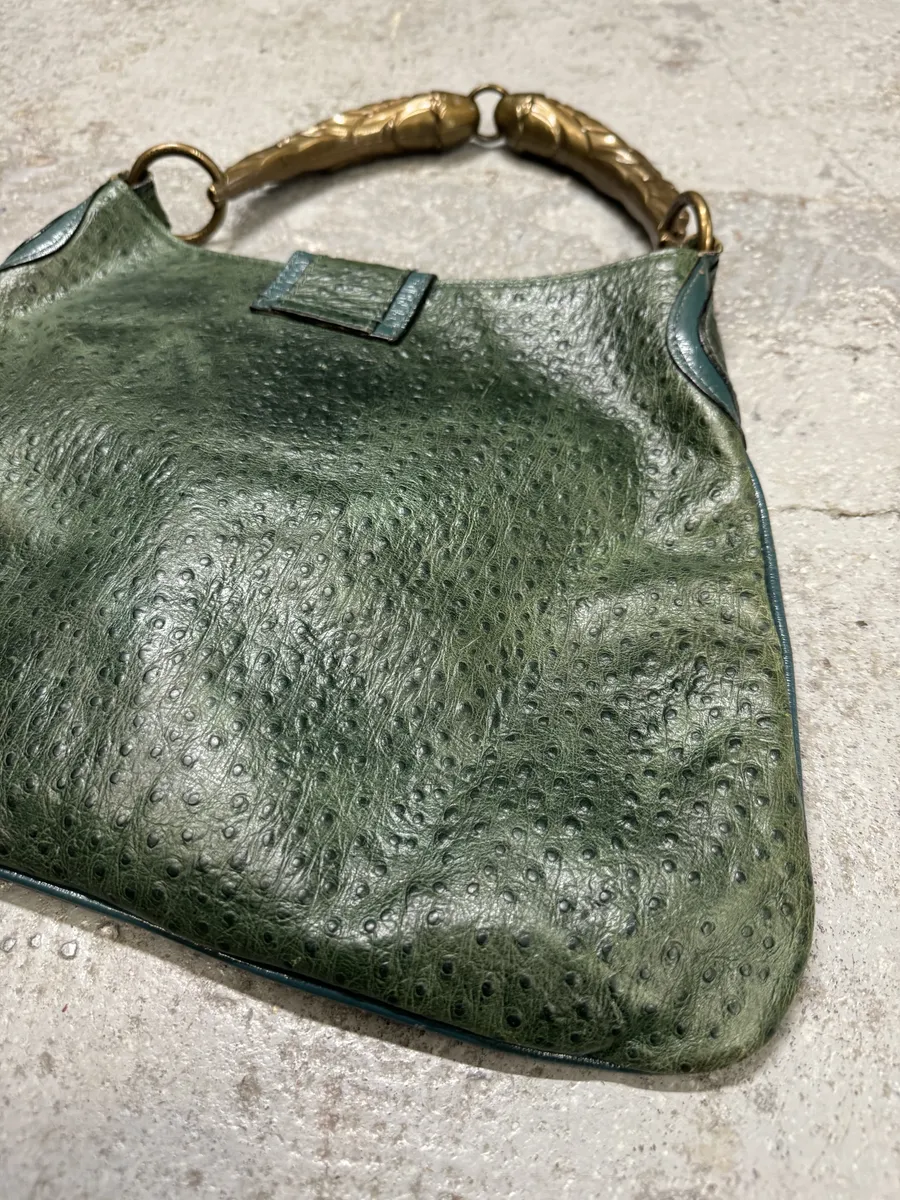 SS2008 Cavalli Ostrich Embossed Leather Green Horn Handle Bag - Image 5
