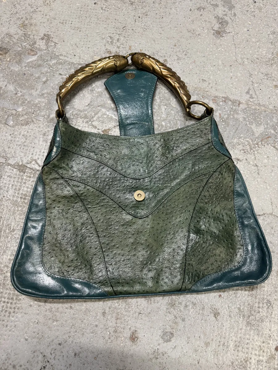 SS2008 Cavalli Ostrich Embossed Leather Green Horn Handle Bag - Image 9