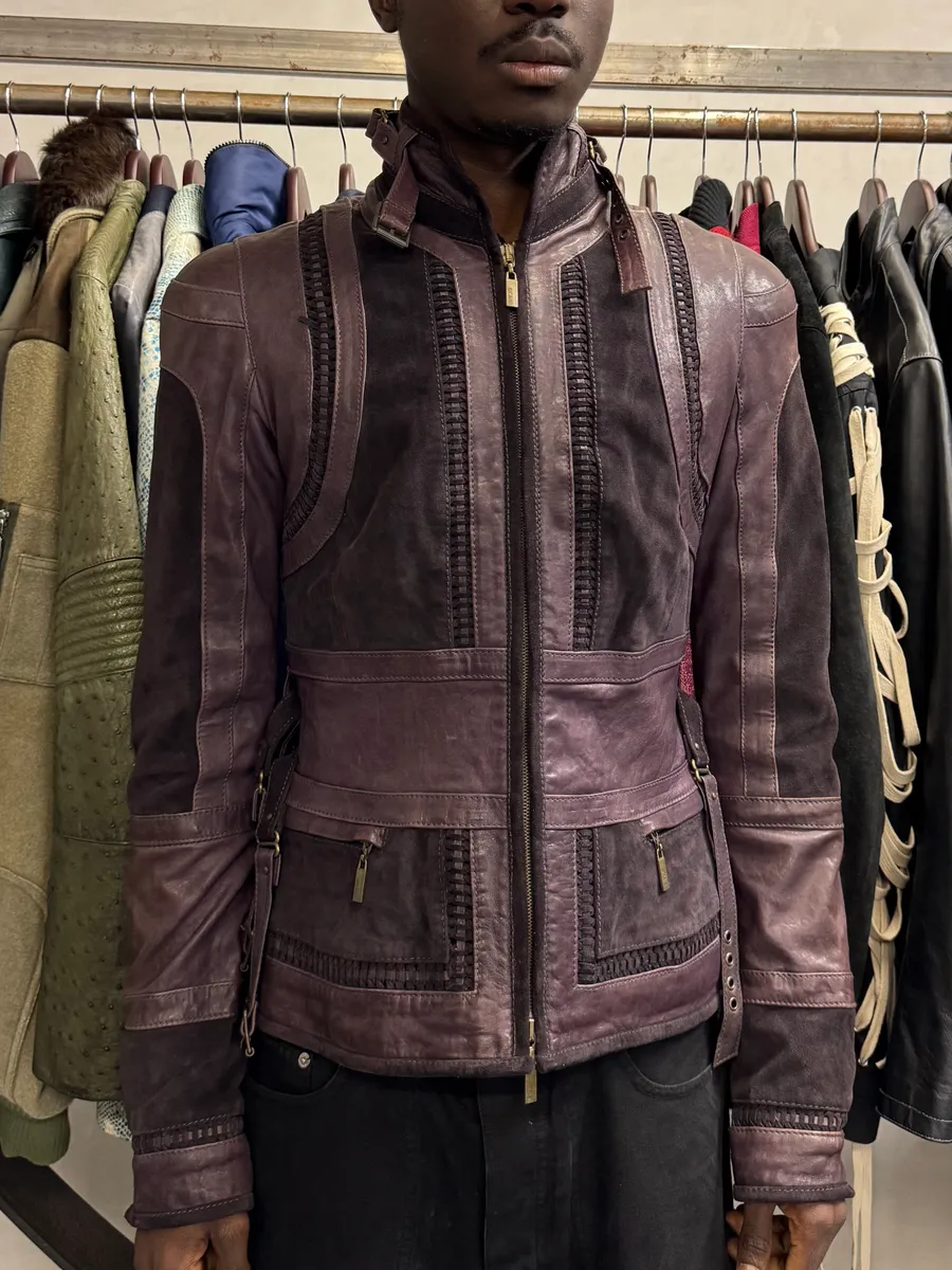 SS2008 Cavalli Purple Leather Soldier Jacket - Image 2