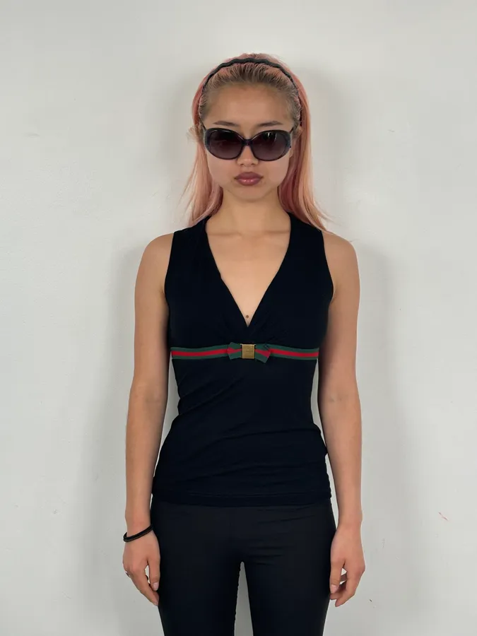 SS2008 Gucci Black Propaganda Bow Tie Top - Image 2