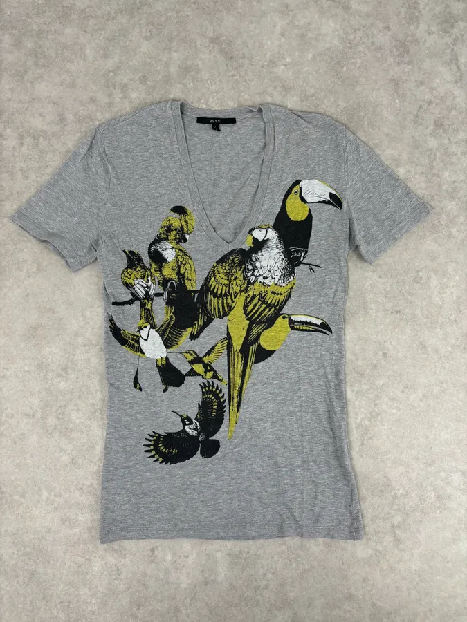 SS2008 Gucci Grey V-Neck Bird T-Shirt