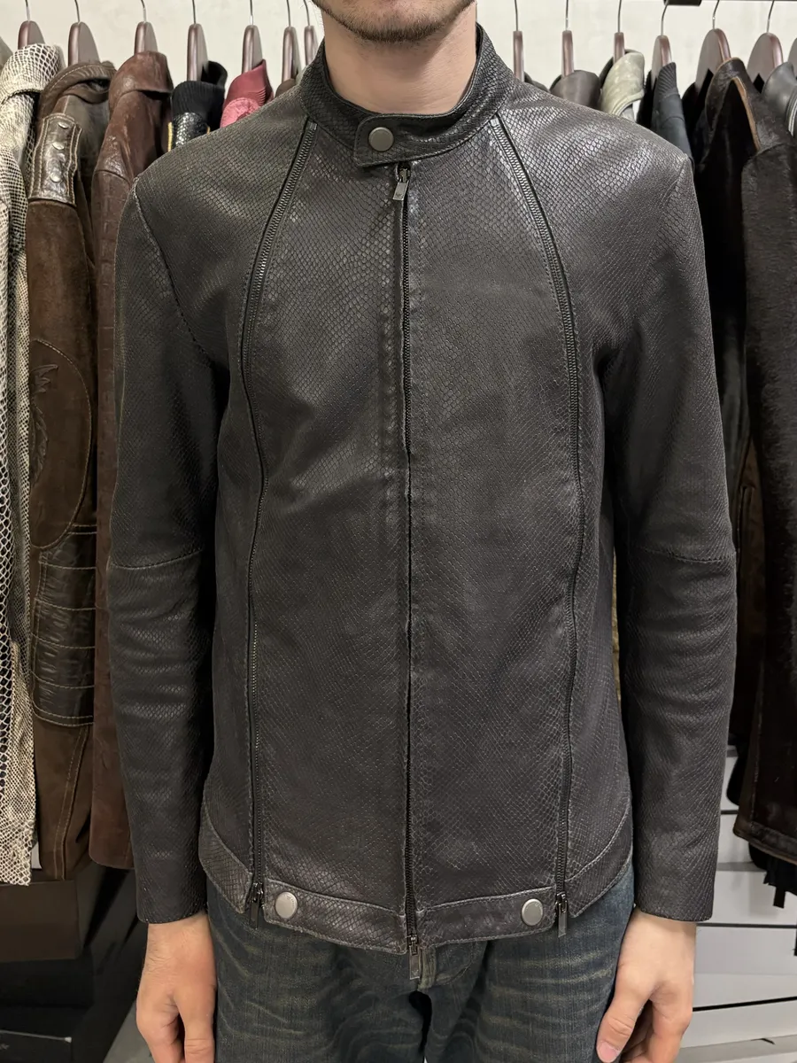 SS2009 Emporio Armani Brown Snakeskin Effect Leather Multi Zips Jacket - Image 4