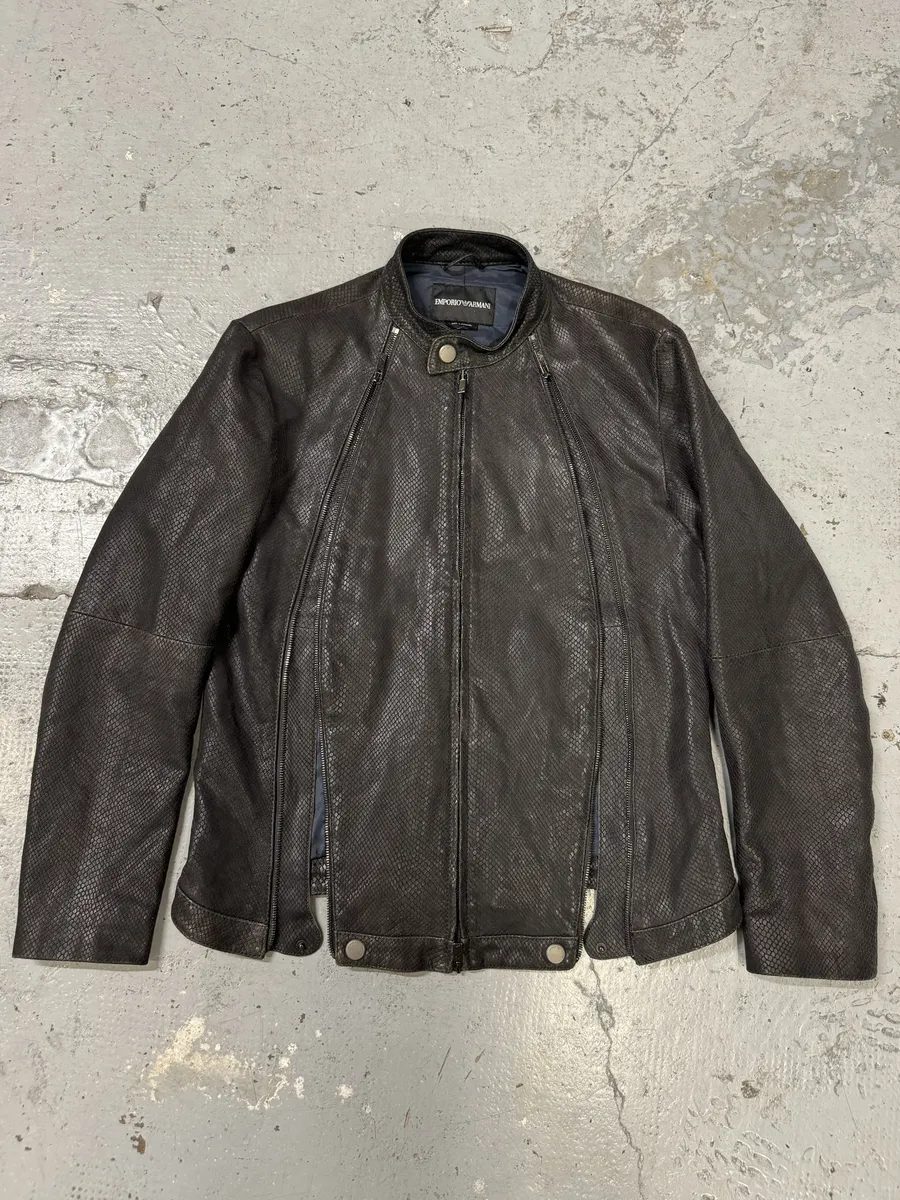 SS2009 Emporio Armani Brown Snakeskin Effect Leather Multi Zips Jacket - Image 7