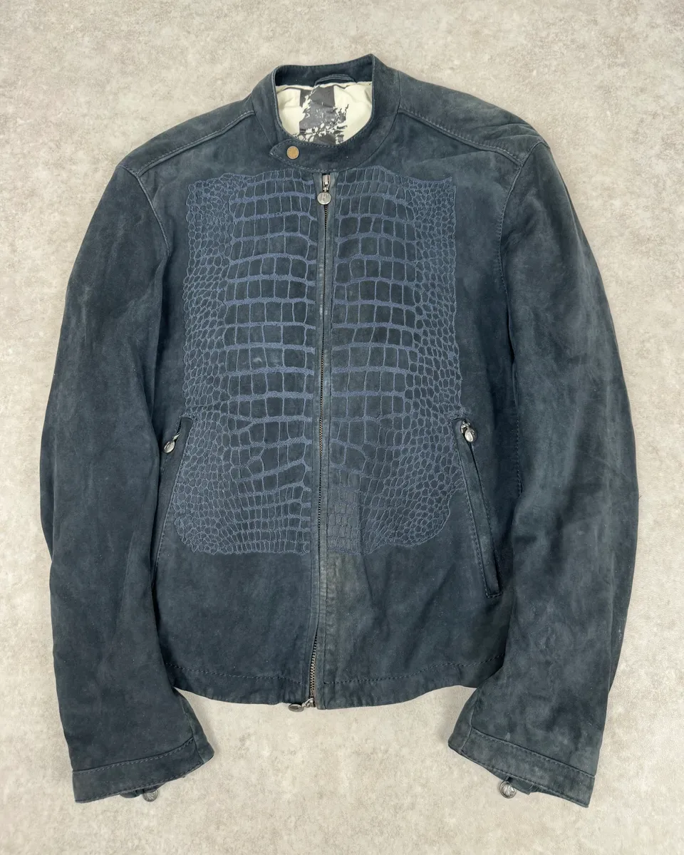 SS2009 Gianfranco Ferré Navy Suede Crocodile Effect Bomber Jacket