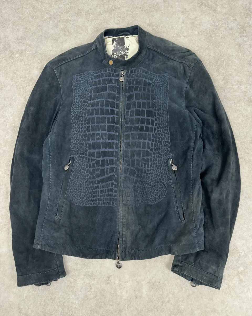 SS2009 Gianfranco Ferré Navy Suede Crocodile Effect Bomber Jacket - Image 4