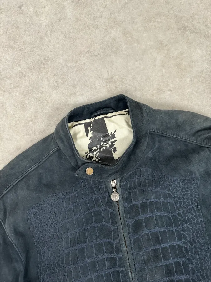 SS2009 Gianfranco Ferré Navy Suede Crocodile Effect Bomber Jacket - Image 5