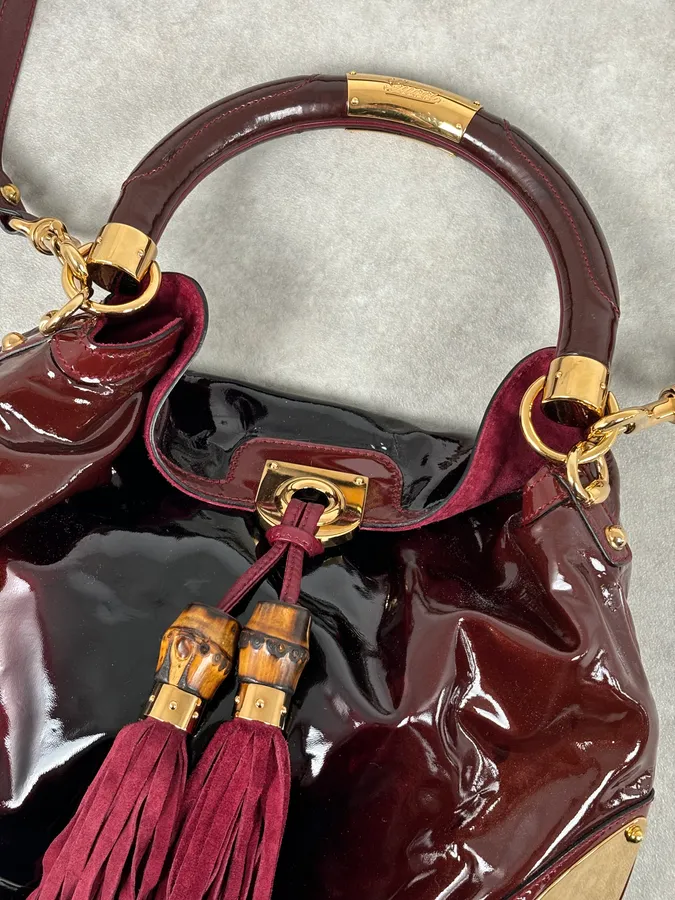 SS2009 Gucci Indy Bordeaux Red Patent Leather Bamboo Handle Bag - Image 13