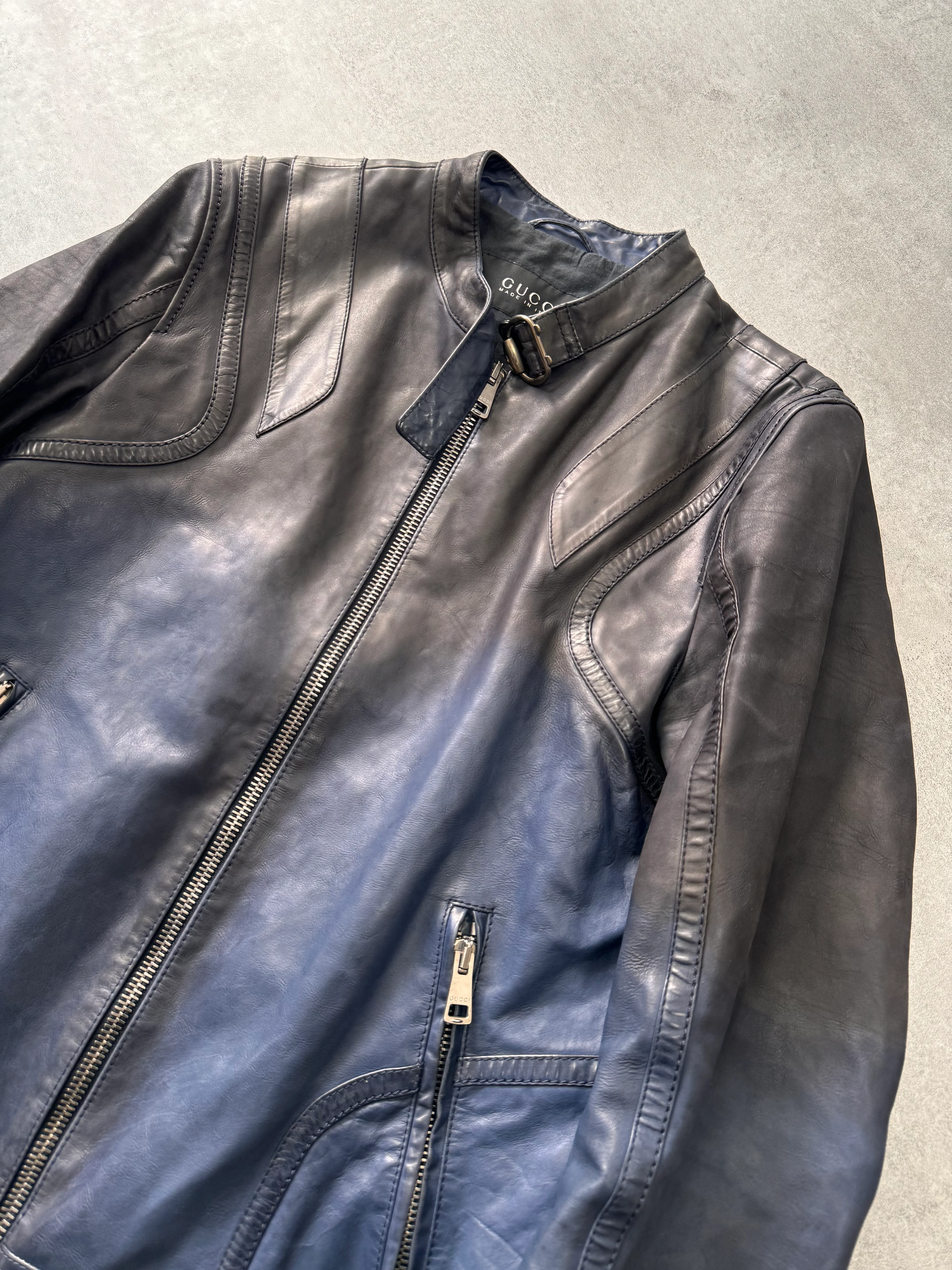 SS2009 Gucci Navy Gradient Biker Leather Jacket (S) - Image 4