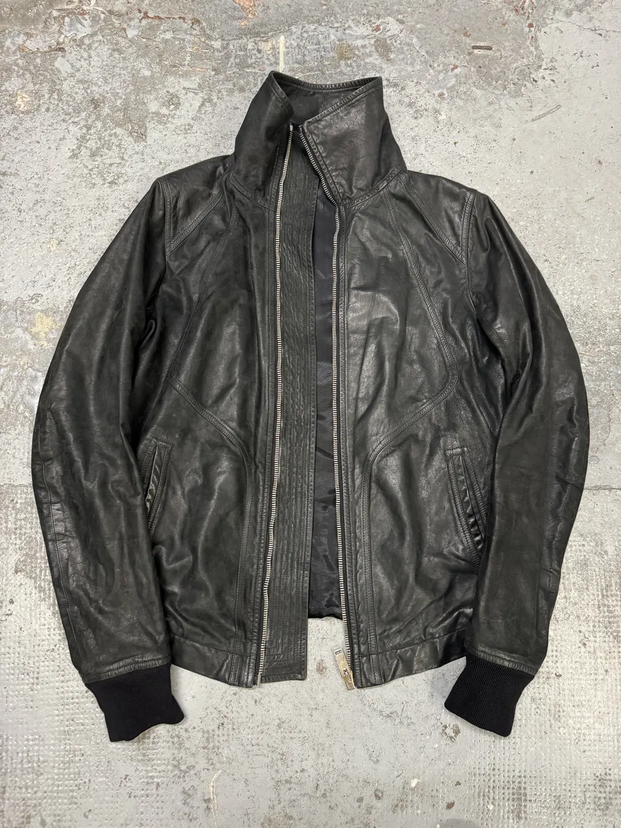 SS2009 Rick Owens Intarsia High Neck Black Leather Jacket - Image 10