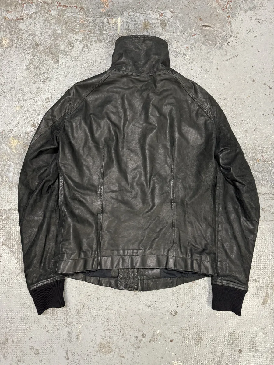 SS2009 Rick Owens Intarsia High Neck Black Leather Jacket - Image 2