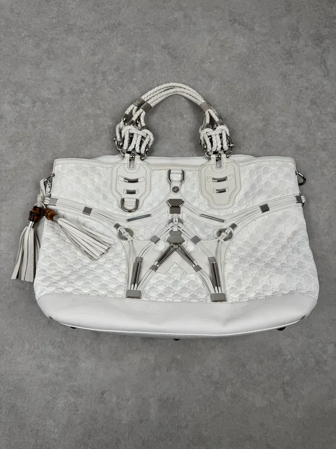 SS2010 Gucci Runway Techno Horsebit White Monogram Leather Large Bag by Frida Giannini