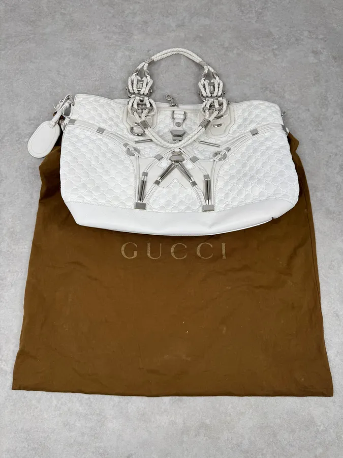 SS2010 Gucci Runway Techno Horsebit White Monogram Leather Large Bag by Frida Giannini - Image 14