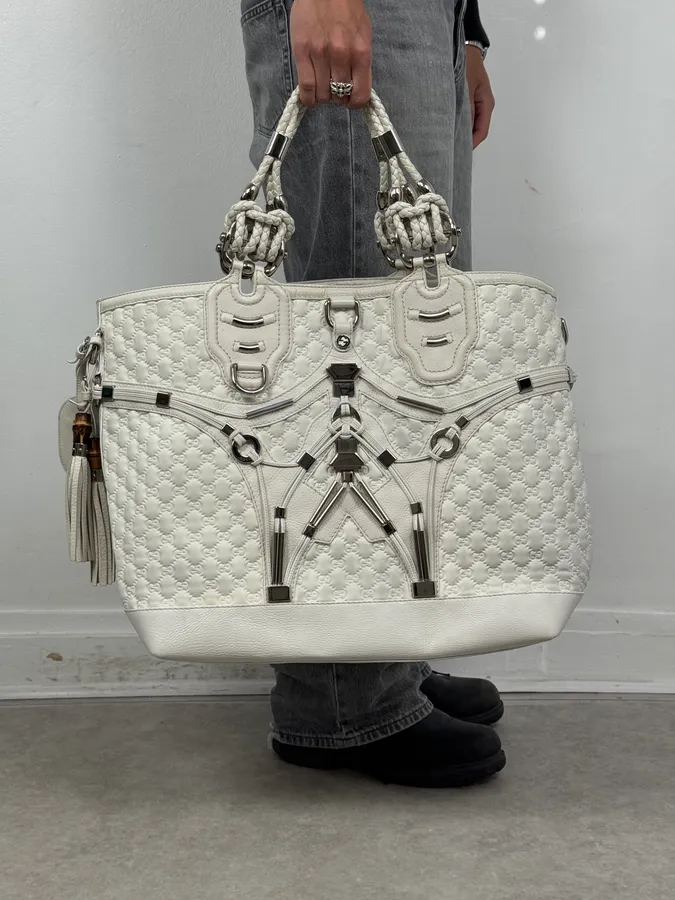 SS2010 Gucci Runway Techno Horsebit White Monogram Leather Large Bag by Frida Giannini - Image 3