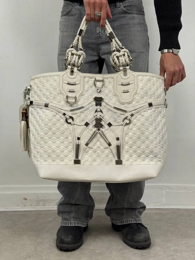 SS2010 Gucci Runway Techno Horsebit White Monogram Leather Large Bag by Frida Giannini - Image 4