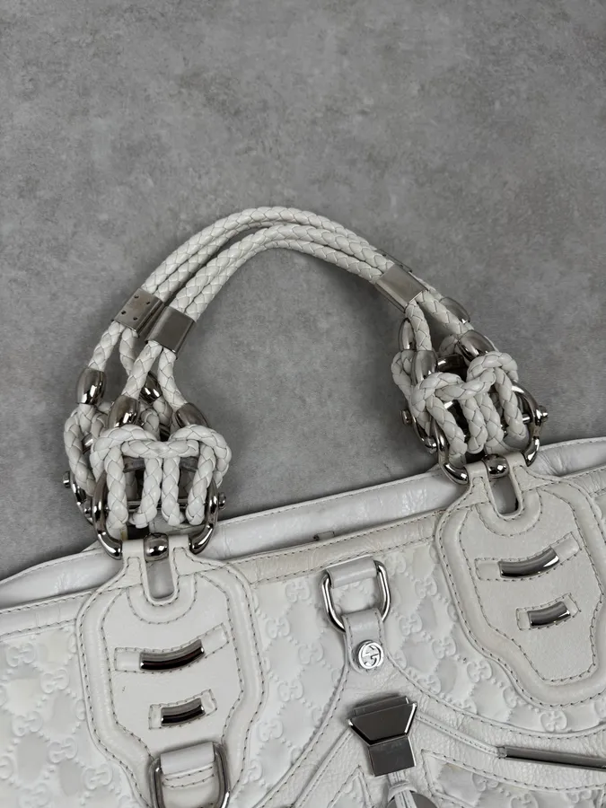 SS2010 Gucci Runway Techno Horsebit White Monogram Leather Large Bag by Frida Giannini - Image 6