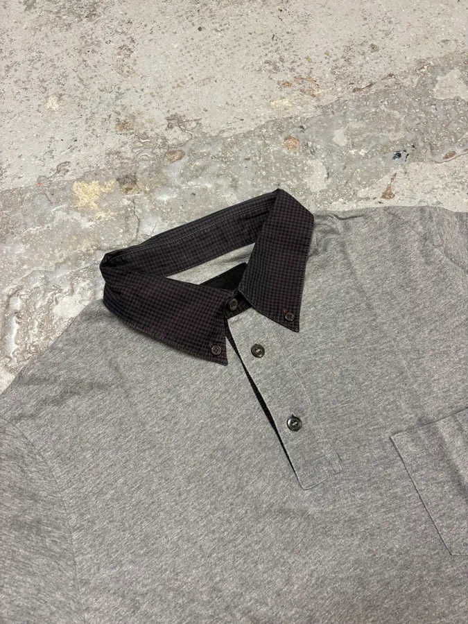 SS2010 Prada Grey Minimalist Checkered Collar Polo Shirt - Image 5