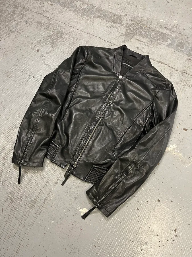 SS2011 Emporio Armani Structured Black Leather Multi Zip Jacket - Image 4