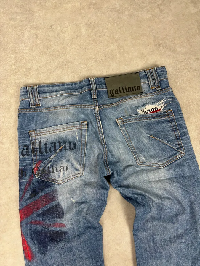 SS2011 Galliano UK Flag Newspaper Print Distressed Blue Denim Jeans - Image 7