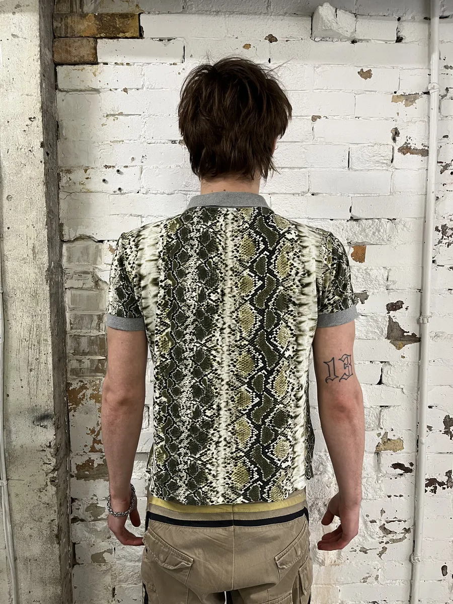 SS2012 Cavalli Snakeskin Effect Green & Grey Polo Shirt - Image 5