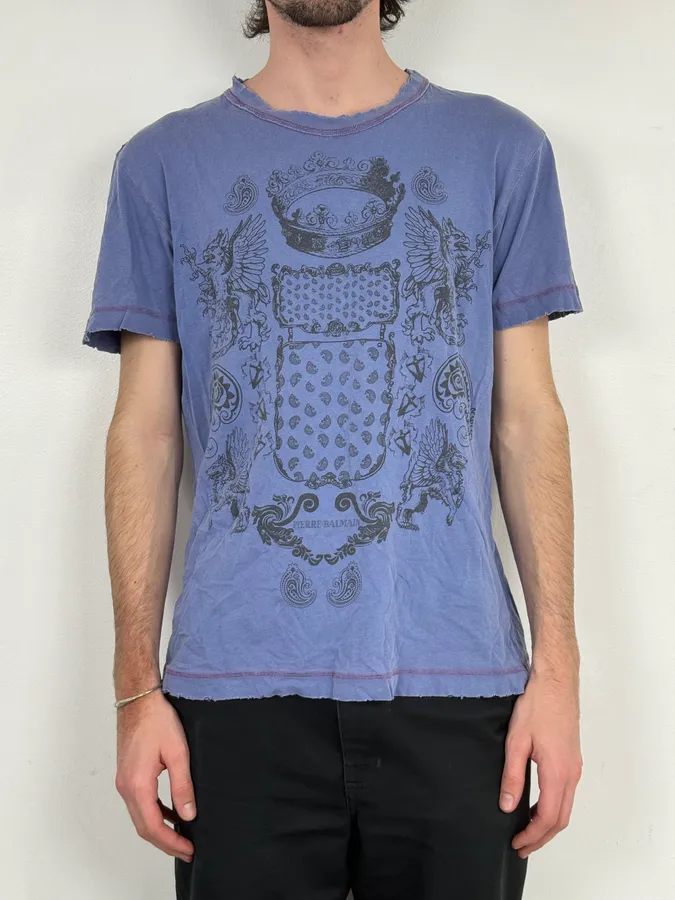 SS2012 Pierre Balmain Blue Distressed Signature T-Shirt - Image 2