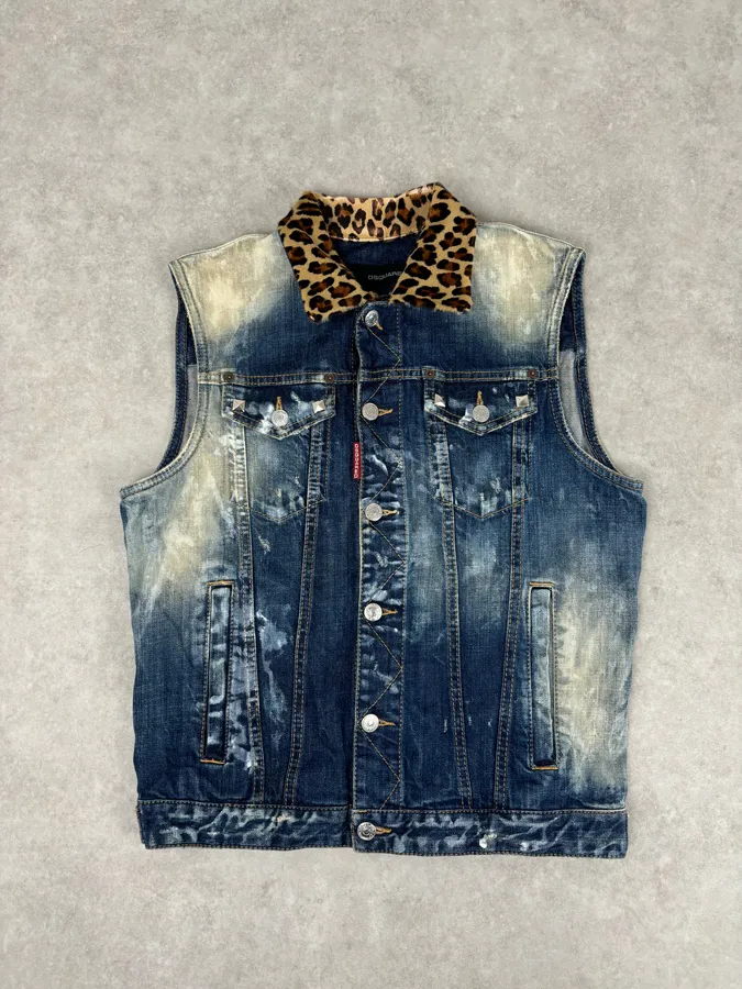 SS2013 Dsquared2 Blue Distressed Leopard Collar Denim Vest