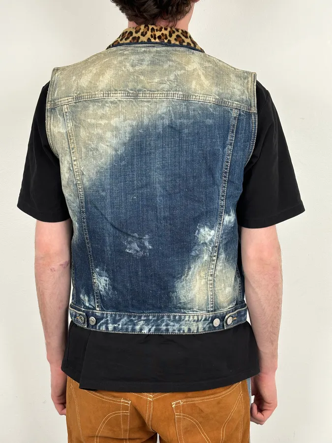 SS2013 Dsquared2 Blue Distressed Leopard Collar Denim Vest - Image 4