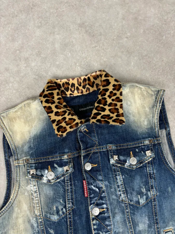 SS2013 Dsquared2 Blue Distressed Leopard Collar Denim Vest - Image 5