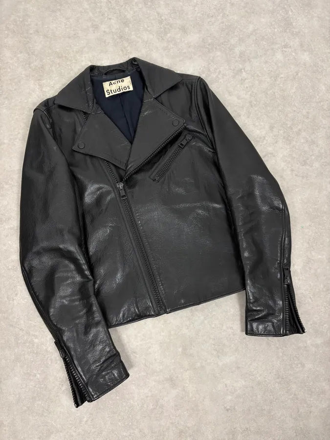 SS2014 Acne Studios Black Leather Asymmetrical Biker Jacket - Image 4