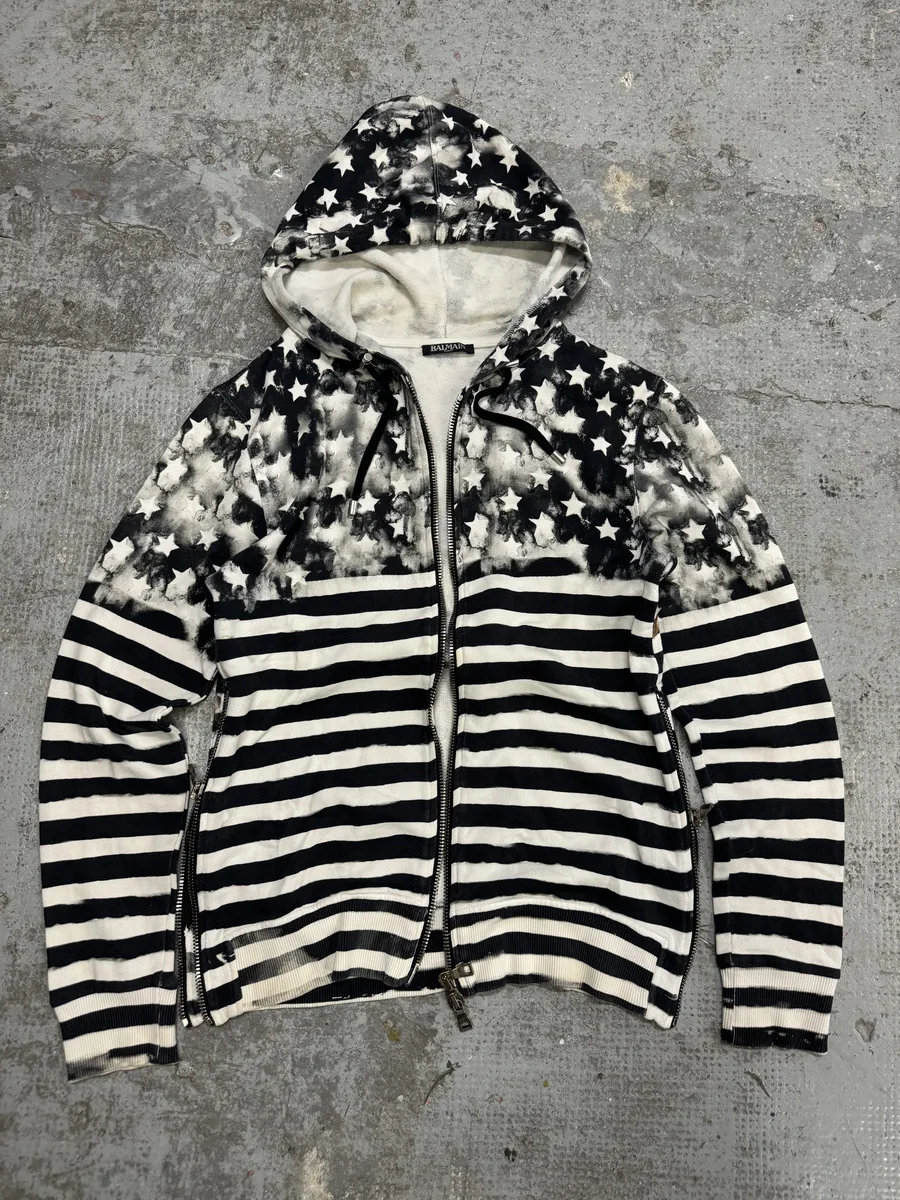 SS2014 Balmain Navy Stripped Star Zip-up Sweatshirt