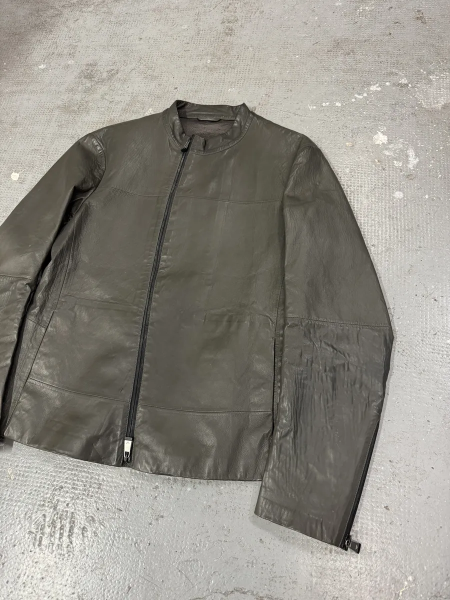 SS2014 Emporio Armani Asymmetrical Brut Grey Leather Jacket - Image 8