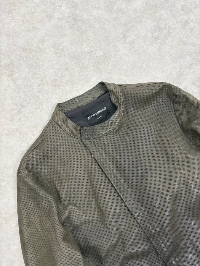 SS2014 Emporio Armani Asymmetrical Zip Perfored Grey Leather Jacket - Image 5