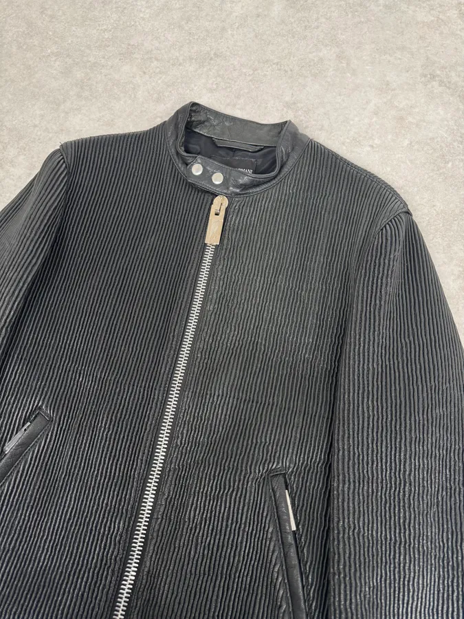 SS2014 Emporio Armani Black Pleated Leather Jacket - Image 2