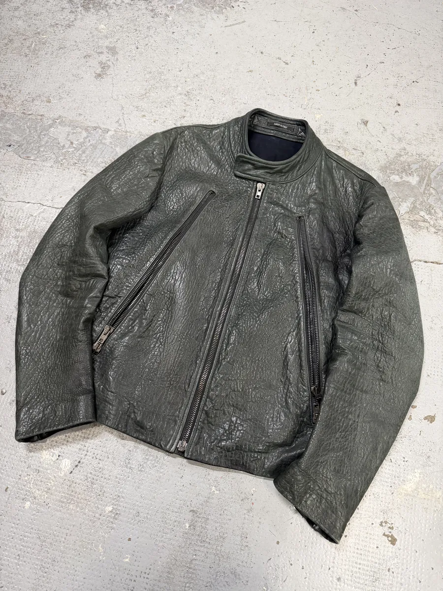 SS2014 Maison Margiela Dark Green 5 Zip Biker Grained Leather Jacket - Image 6