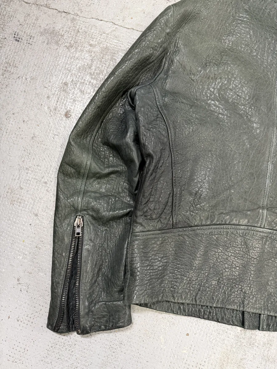 SS2014 Maison Margiela Dark Green 5 Zip Biker Grained Leather Jacket - Image 7