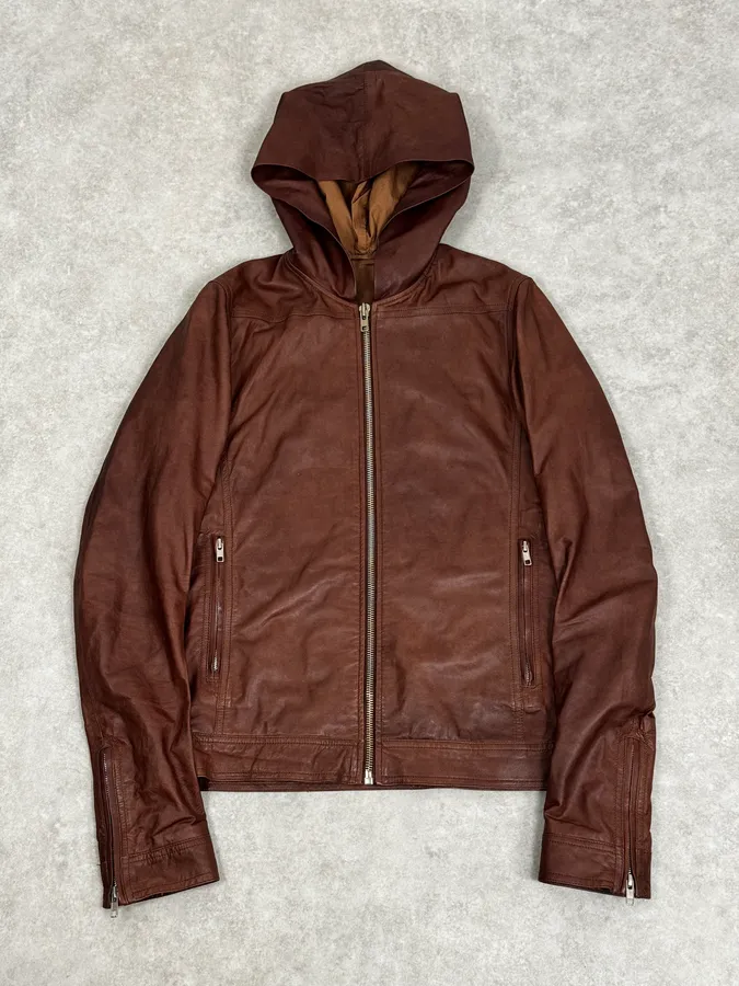 SS2014 Rick Owens Brown Avant-Garde Hooded Leather Jacket