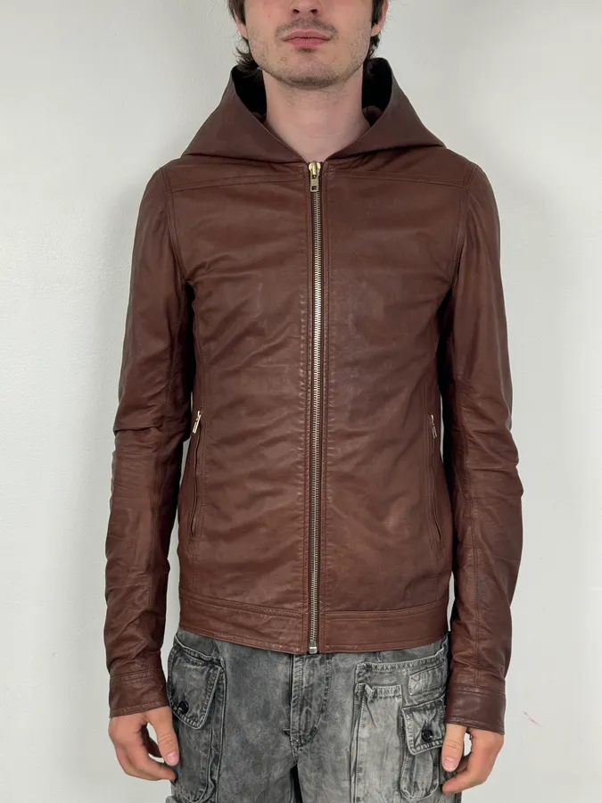 SS2014 Rick Owens Brown Avant-Garde Hooded Leather Jacket - Image 2